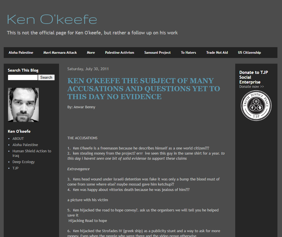 Screenshot of Ken O'Keefe Blog